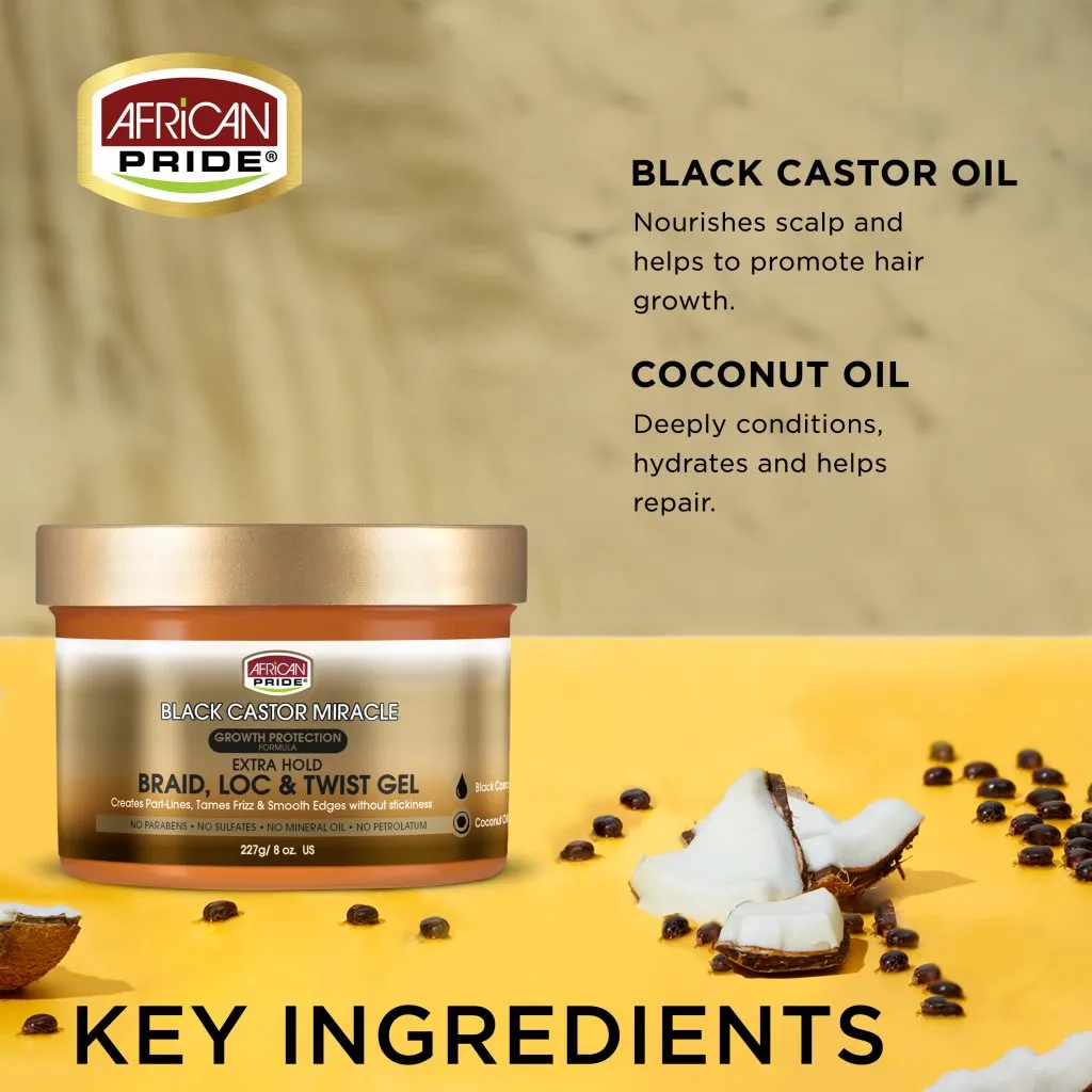 African Pride Black Castor Miracle Extra Hold Braid, Loc, & Twist Gel 8oz