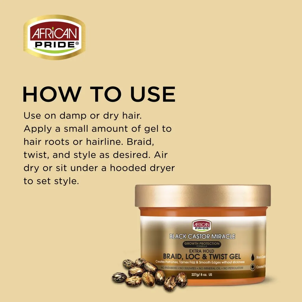 African Pride Black Castor Miracle Extra Hold Braid, Loc, & Twist Gel 8oz